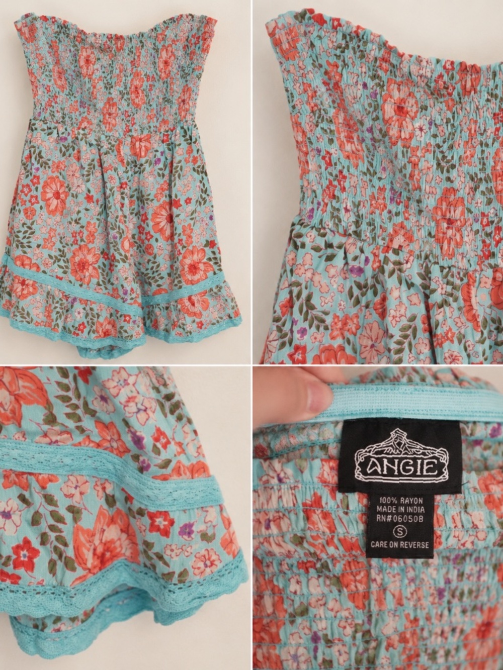 ANGIE Floral Smocked Romper Turquoise Coral Boho Romper Size S